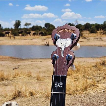 2024 Giving Tuesday Artisan Elephant Goodtime Banjo Peghead with Elephants in the background