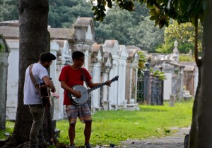 Mike and Vinnie played some tunes for the dearly departed at a New Orleans Cemetery. Above ground cemeteries were quite novel for us having grown up in Southern California.