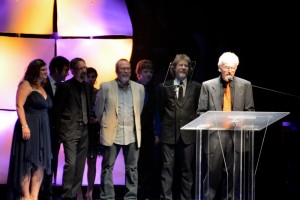 Deering artist Terry Bacoum accepting the IBMA Award for Recorded Event of The Year of “What’ll I Do” which included Sam Bush, Jerry Douglas, Wyatt Rice, Steve Bryant, Buddy Melton, Cindy Baucom, Ed Lowe, John Boy and Billy label.