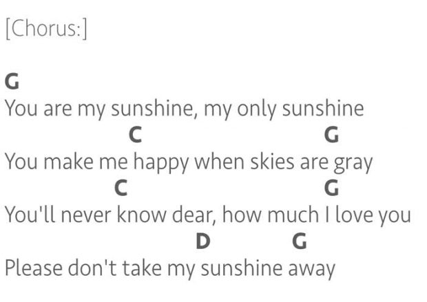 You Are My Sunshine lyrics and chords key of G